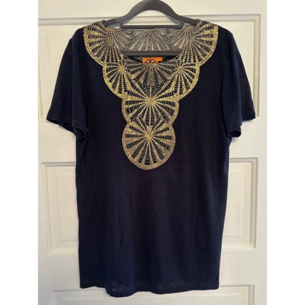Tory Burch. Navy Short Sleeve Top with Gold Lace Embellishment. Size L.